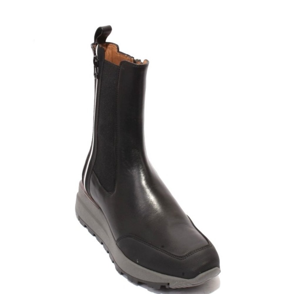 MOT-CLe 2222 Black Leather Zip-Up Wedge Sneakers Boots